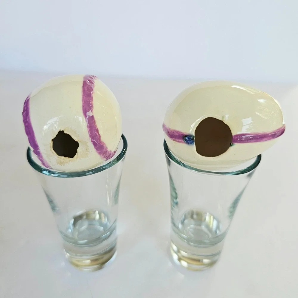 Vintage Ceramic Easter Eggs Hand Painted Purple Ribbon Bow Decor Set Cottagecore